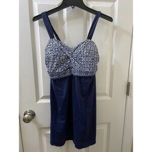 Lands' End Women's Blouson Front Twisted Tommy Hiding Swim Top NAVY Blue SIZE 6